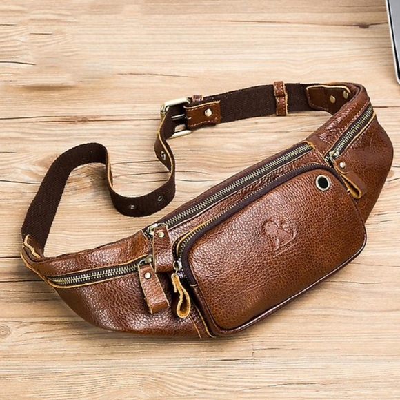 100% leather crossbody/ fanny pack/chest bag adjustable w/ 6 pockets UNISEX! - Picture 1 of 5